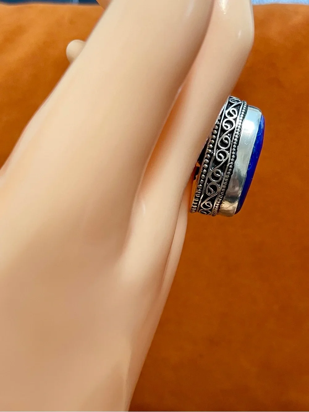 Genuine Lapis Lazuli Silver Over Stainless Steel Oval Statement Ring Unisex NWOT